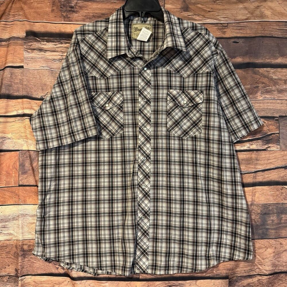 Wrangler Western Shirt Mens 2XL Big Plaid Pearl Snap Short Sleeve Brown Casual